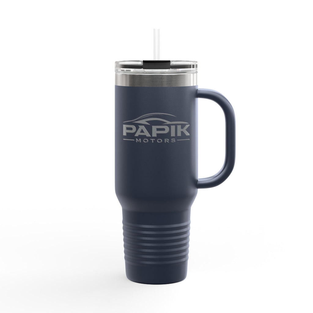 Navy blue travel mug with silver handle and lid on a white background, featuring the Papik Motors logo.