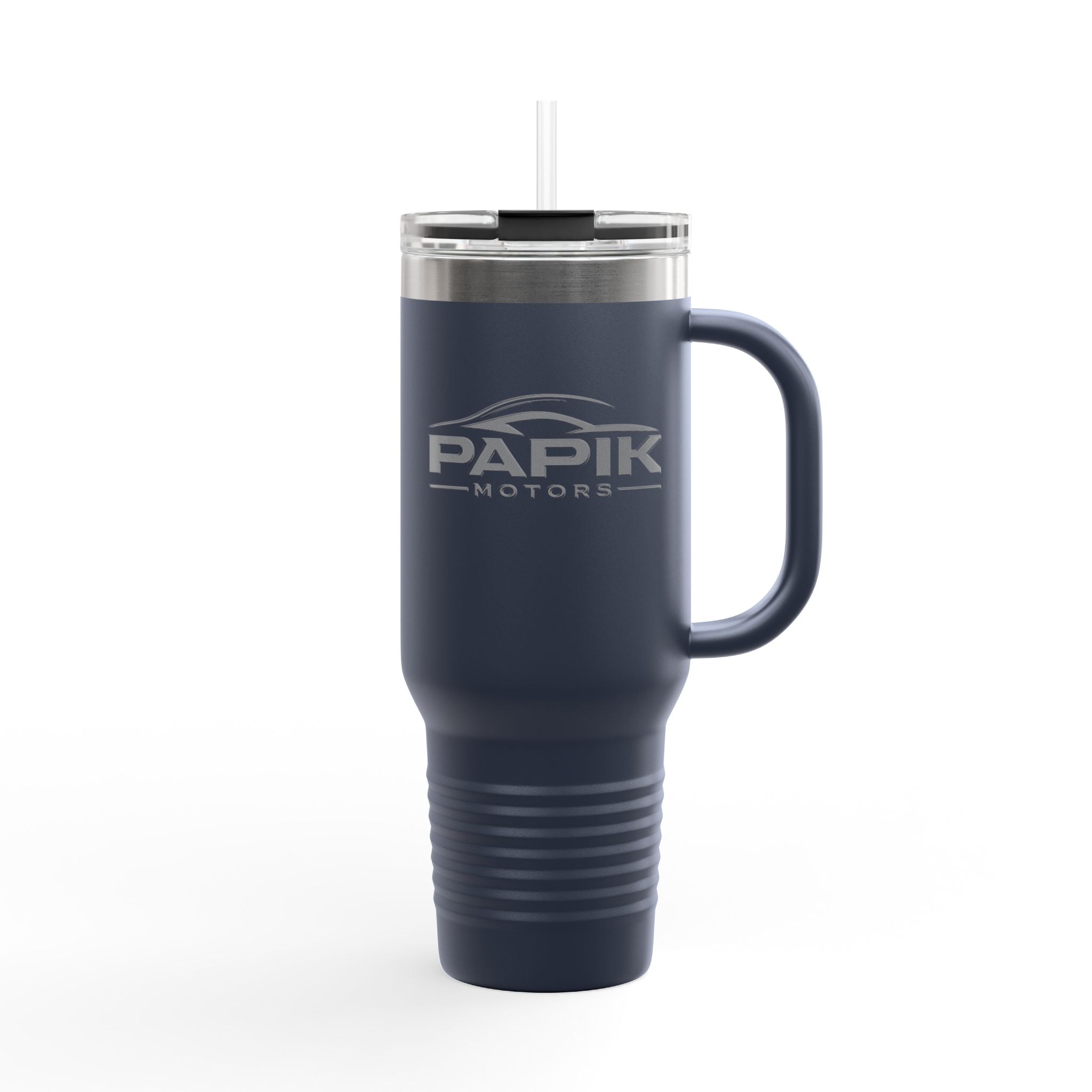 Navy blue travel mug with silver handle and lid on a white background, featuring the Papik Motors logo.