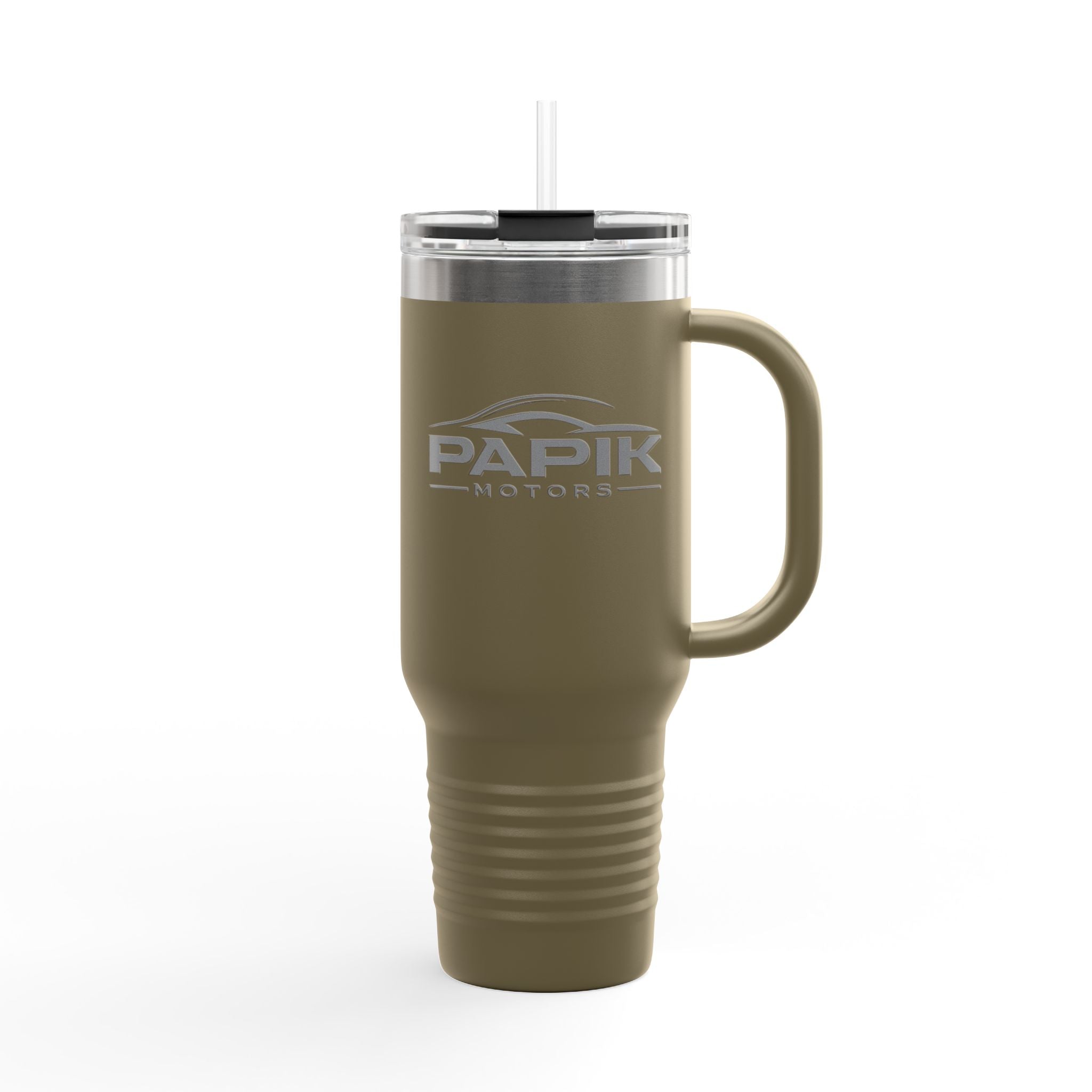 Olive green travel mug with a handle and straw lid on a white background, featuring the Papik Motors logo.