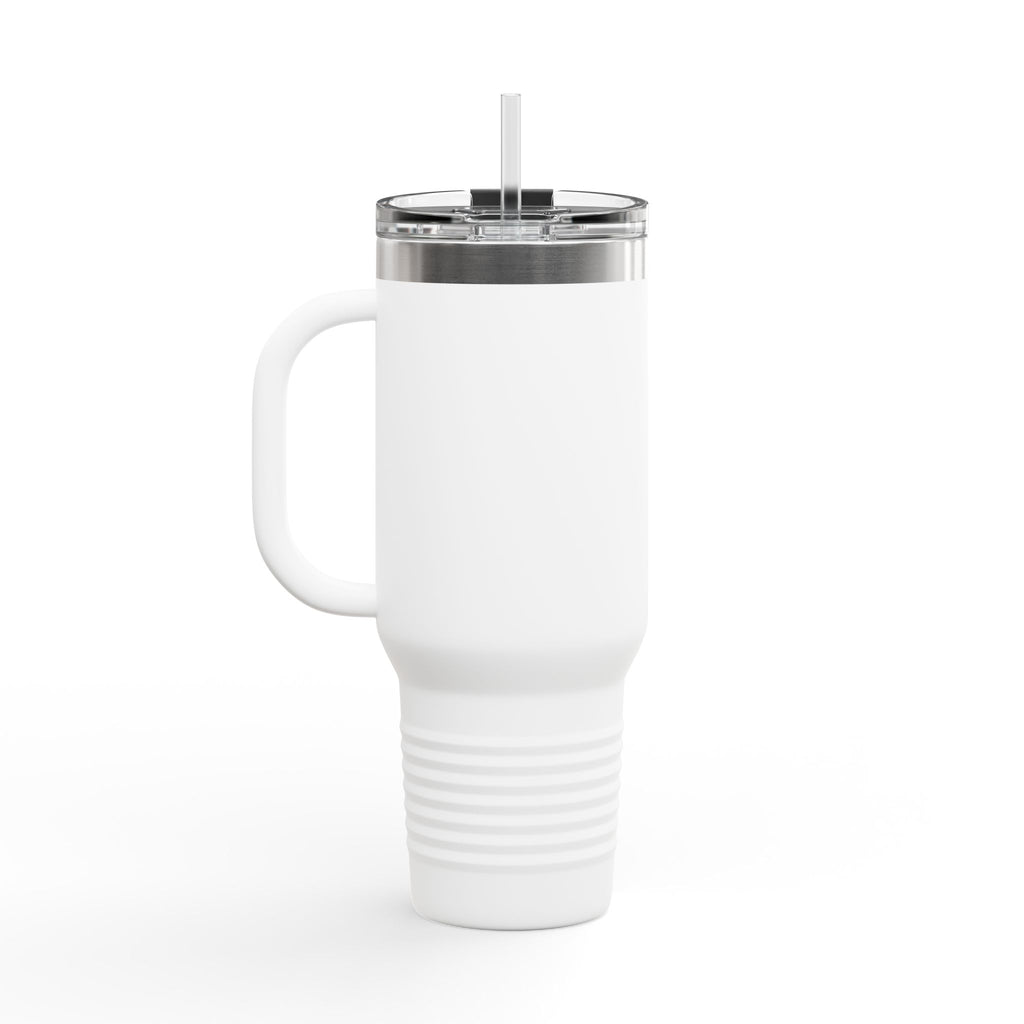White travel mug with a silver lid on a white background