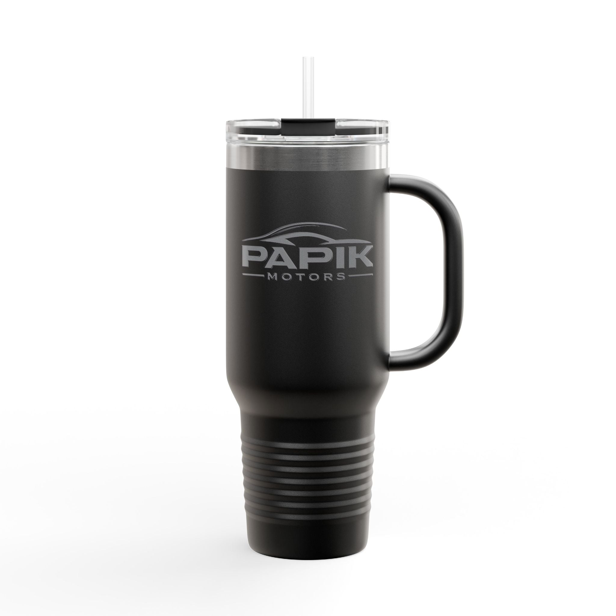 Black travel mug with silver handle and lid on a white background, featuring the Papik Motors logo.