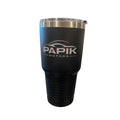 Black tumbler with silver rim and 'Papik Motors' logo on a white background