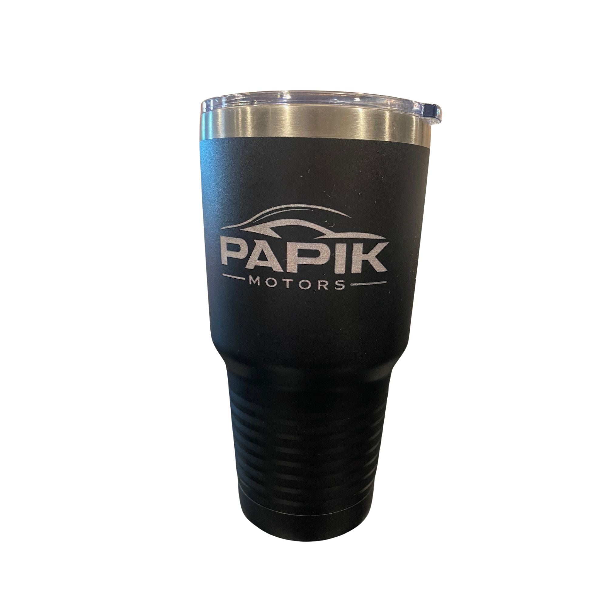 Black tumbler with silver rim and 'Papik Motors' logo on a white background