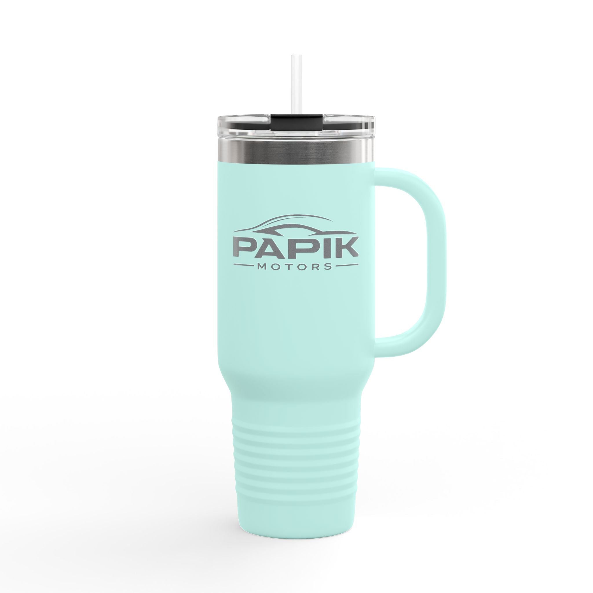 Mint green travel mug with 'Papik Motors' logo on a white background