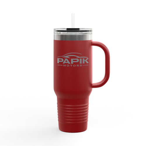 Red travel mug with silver handle and lid on a white background, featuring the Papik Motors logo.