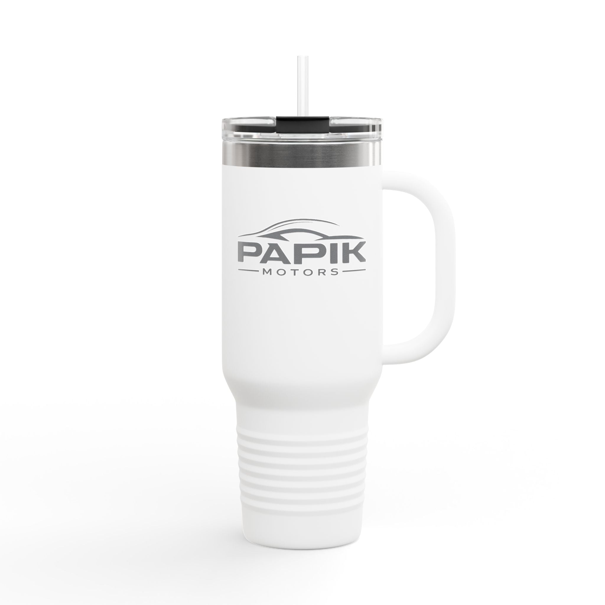 White travel mug with 'PAPiK Motors' logo on a white background