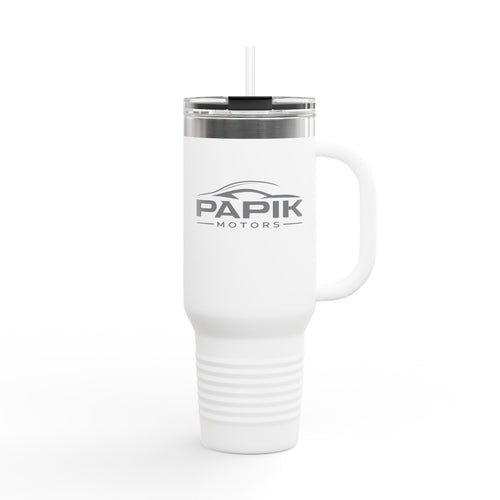 White travel mug with 'PAPiK Motors' logo on a white background